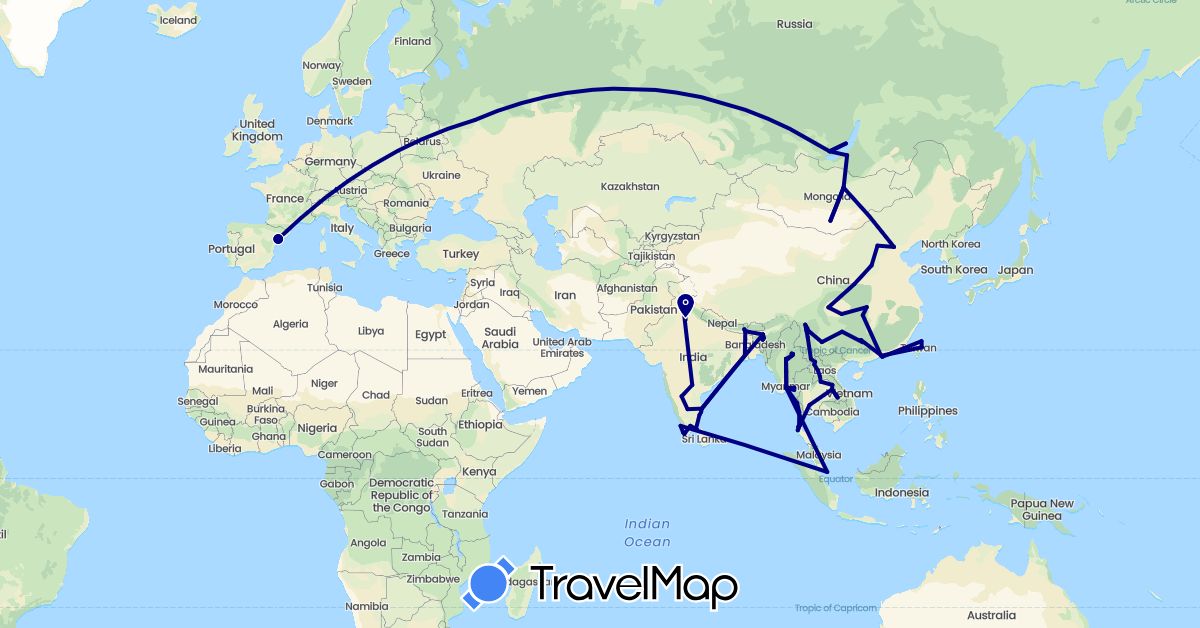 TravelMap itinerary: driving in China, Spain, India, Laos, Myanmar (Burma), Mongolia, Russia, Singapore, Thailand, Taiwan (Asia, Europe)